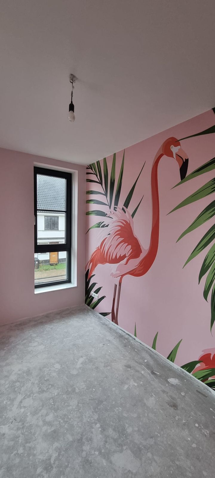 Portfolio: Fotobehang met flamingo en tropische bladeren
